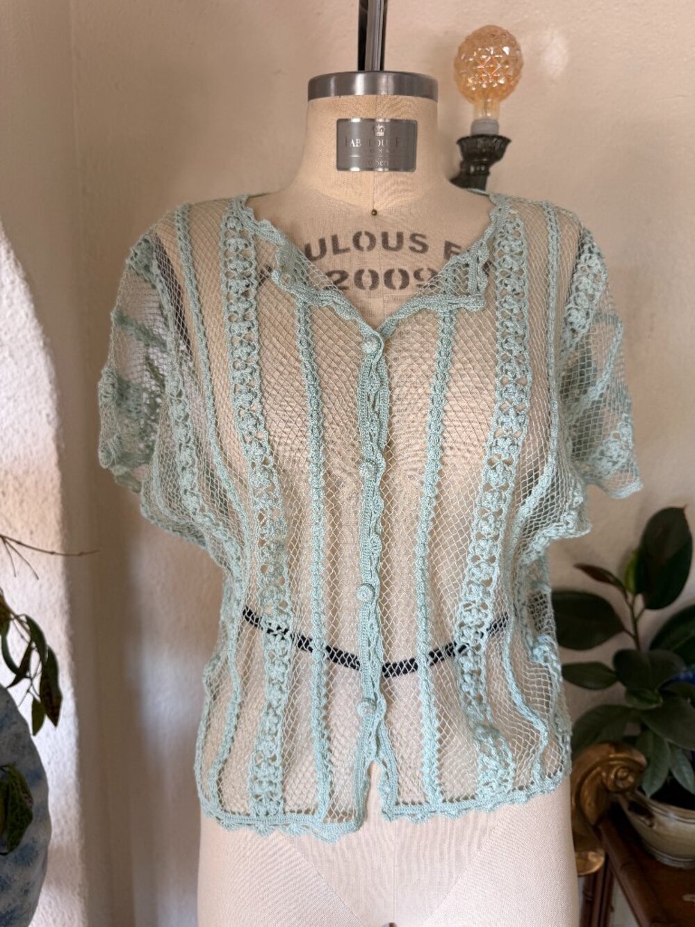 Deadstock Vintage Lim’s Crochet Lace Sage Green Boho Blouse Short Sleeve Top VTG